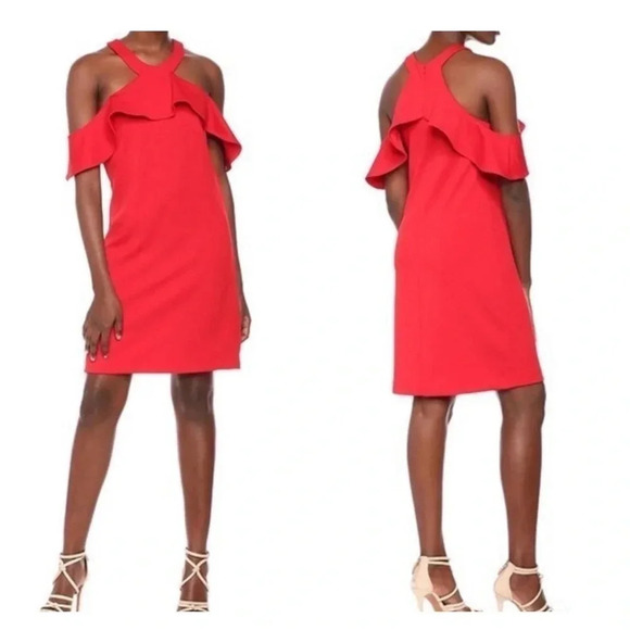 Trina Turk NWT Lipstick Red Jurnee Cold Shoulder Ruffle Dress Size 4 - Picture 11 of 11